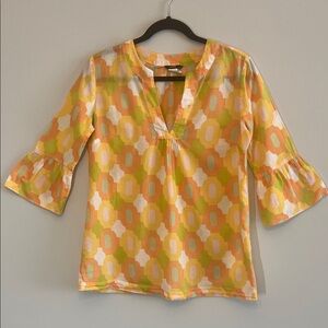 J. Crew Women’s 100% Cotton Tunic Orange and Yellow Geometric Hippie Blouse XS